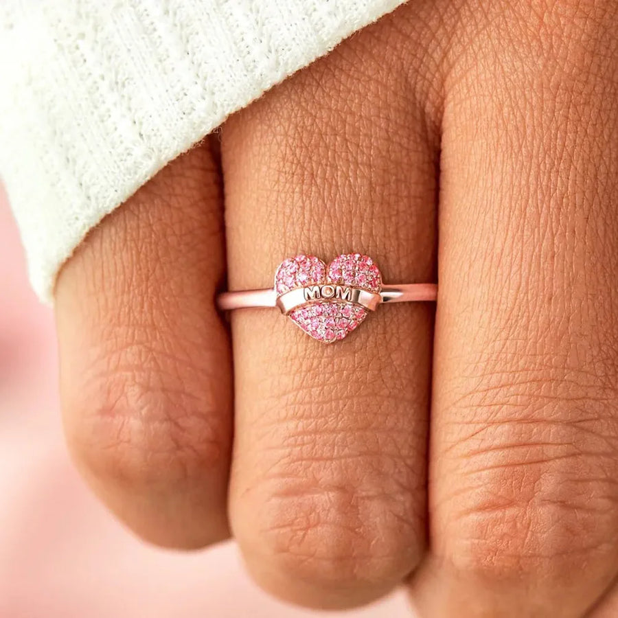 Rose gold ring with pave heart detail and MOM band