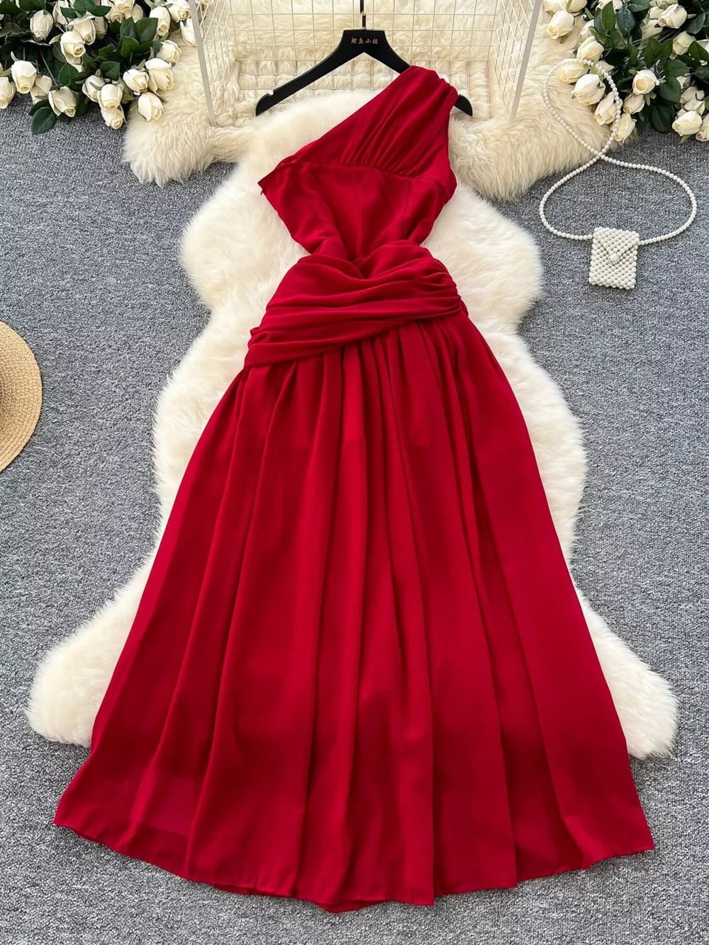Red one-shoulder maxi dress with ruched waist detail