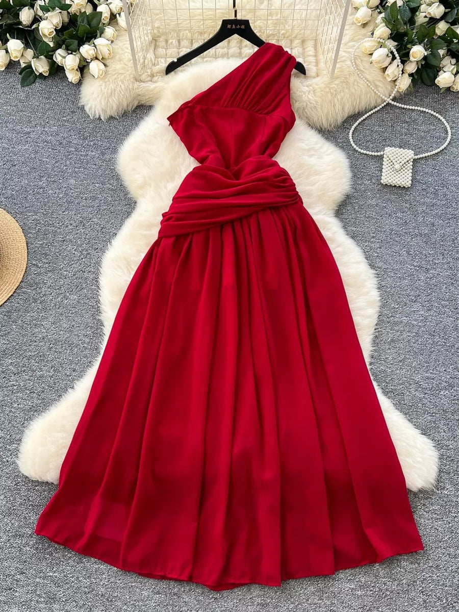 Red one-shoulder maxi dress with ruched waist detail