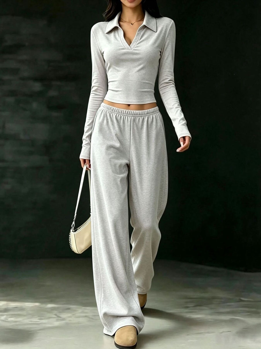 Apricot wide-leg matching set with collared