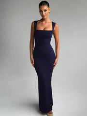 Navy bodycon maxi dress with square neckline and sleeveless cut.