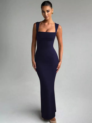 Navy bodycon maxi dress with square neckline and sleeveless cut.