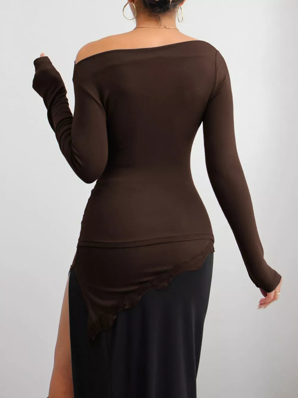 modern one-shoulder top in dark brown with one-shoulder
