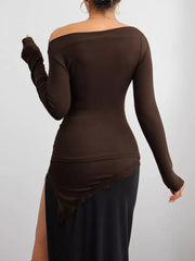 modern one-shoulder top in dark brown with one-shoulder