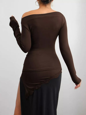 modern one-shoulder top in dark brown with one-shoulder