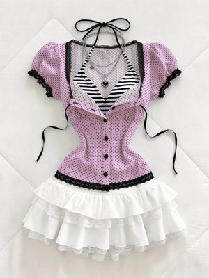 Polka Dot Lace Trim Puff Sleeve Top, view 16