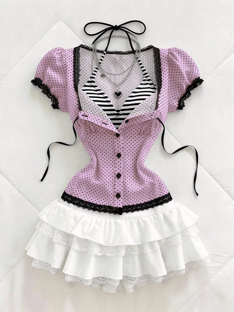 Polka Dot Lace Trim Puff Sleeve Top, view 16