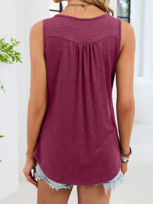 Wine red ruched tank top with button detail and curved hem