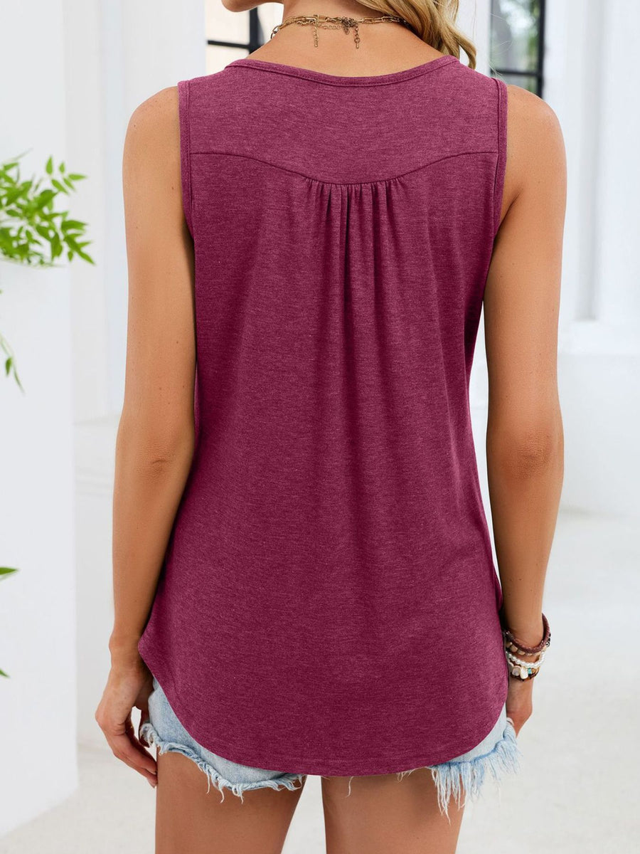 Wine red ruched tank top with button detail and curved hem