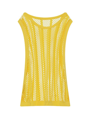 Yellow mesh tank top with vertical stripes and breathable fabric.