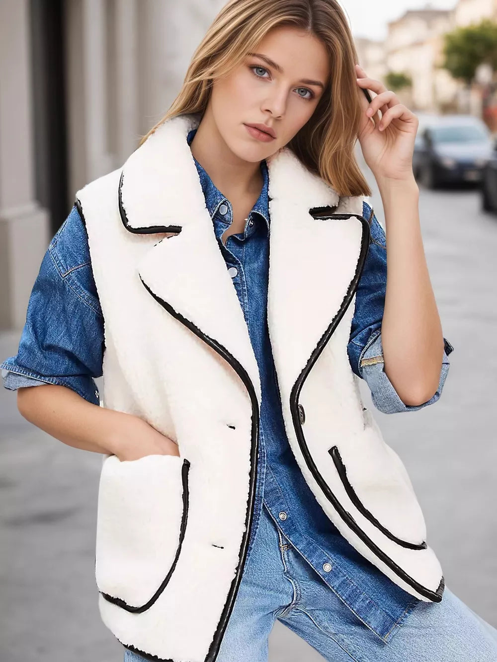 White sherpa vest coat with black contrast trim and button front, worn over denim.