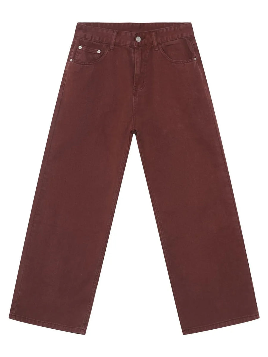 Burgundy wide-leg denim trousers with a casual, baggy fit.