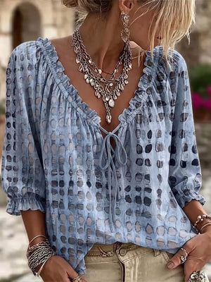 Full Size Tie Neck 3/4 Sleeve Blouse Plus Size in Beige