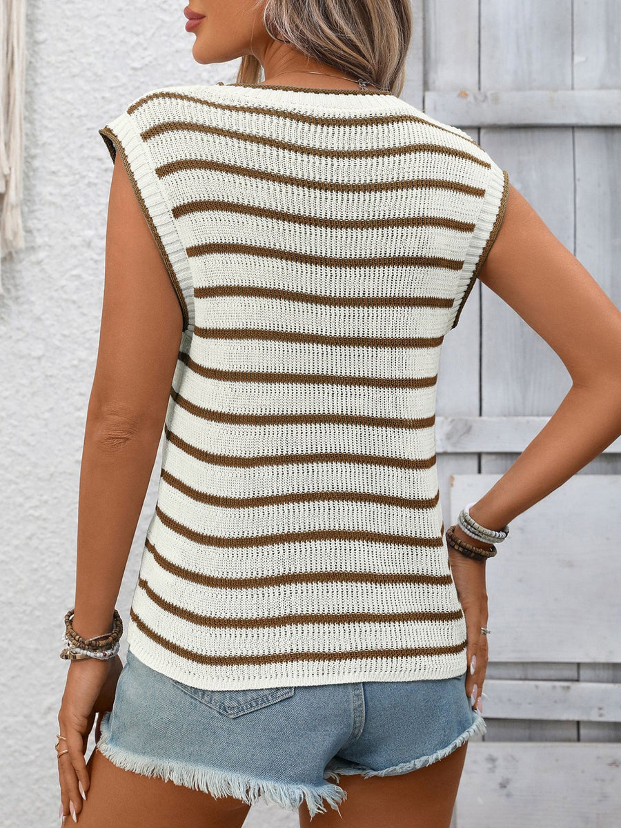 Striped knit sweater vest in brown and cream with a crew neck, sleeveless design, and ribbed trim.