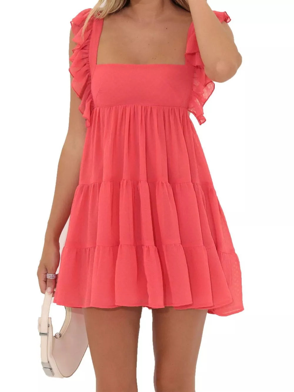 Watermelon Red ruffled square neck mini dress with tiered skirt and flutter sleeves.