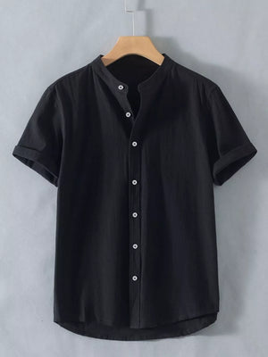 Black band collar button-up shirt with short sleeves and a casual fit.