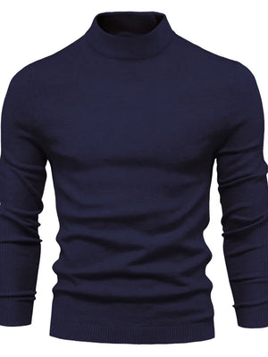 Navy ribbed mock neck sweater with long sleeves and sculpted shoulders.