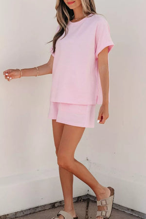 Pink striped cotton tee and shorts set with drawstring waist