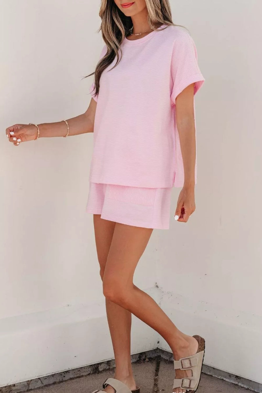Pink striped cotton tee and shorts set with drawstring waist