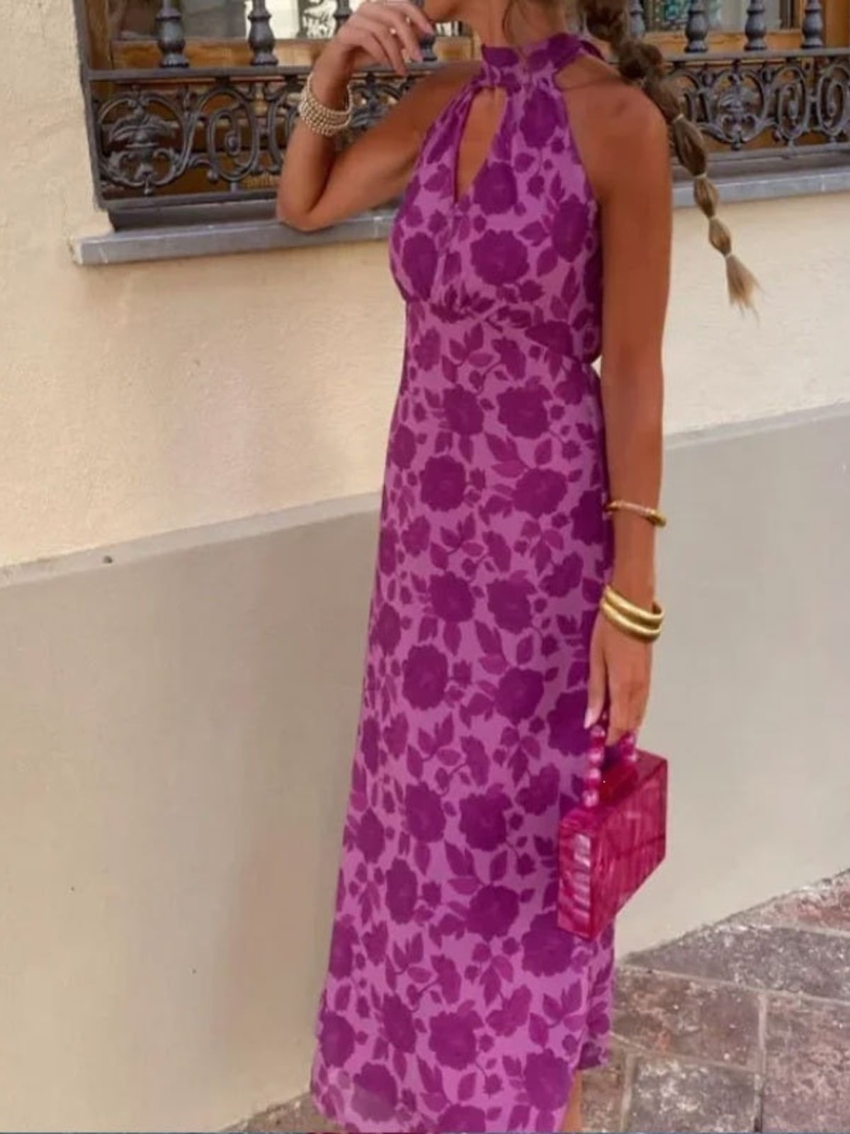fuchsia maxi dress with floral and halter