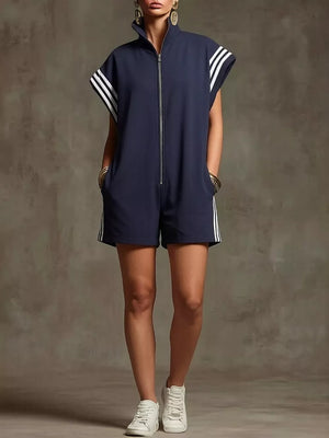 Striped Zip Front Romper in Burgundy