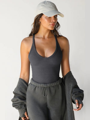 Dark gray ribbed racerback tank top with deep scoop neckline