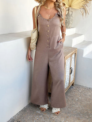 Taupe linen button-down wide-leg jumpsuit with tie straps and pockets