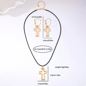 Golden cross pendant necklace and hoop earrings set, 18K gold-plated.