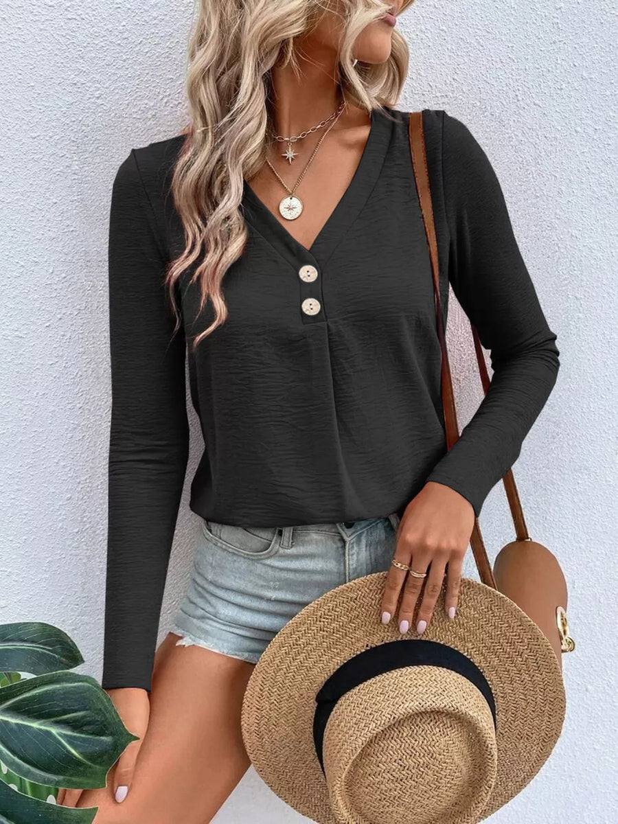 Navy Blue Full Size V-neck Decor Button Long Sleeve T-shirt Plus Size