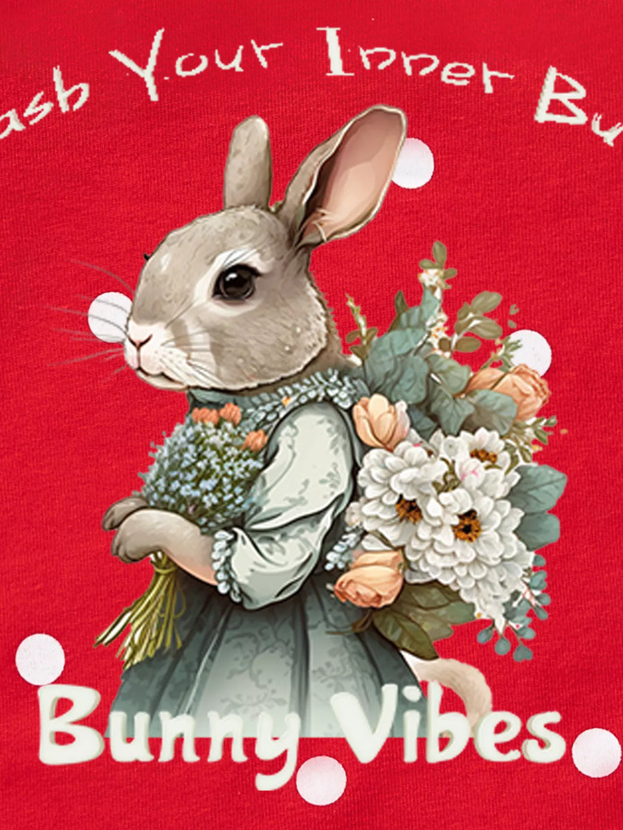 Red cotton sweatshirt with bunny holding flowers and polka dots