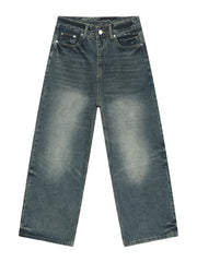 Vintage Vibes wide leg denim jeans in dark wash with a relaxed fit and faded details.
