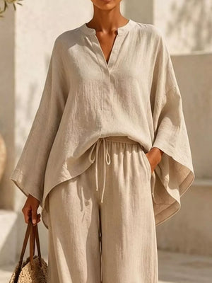 Light Blue Notched Long Sleeve Top And Wide-leg Pants Set