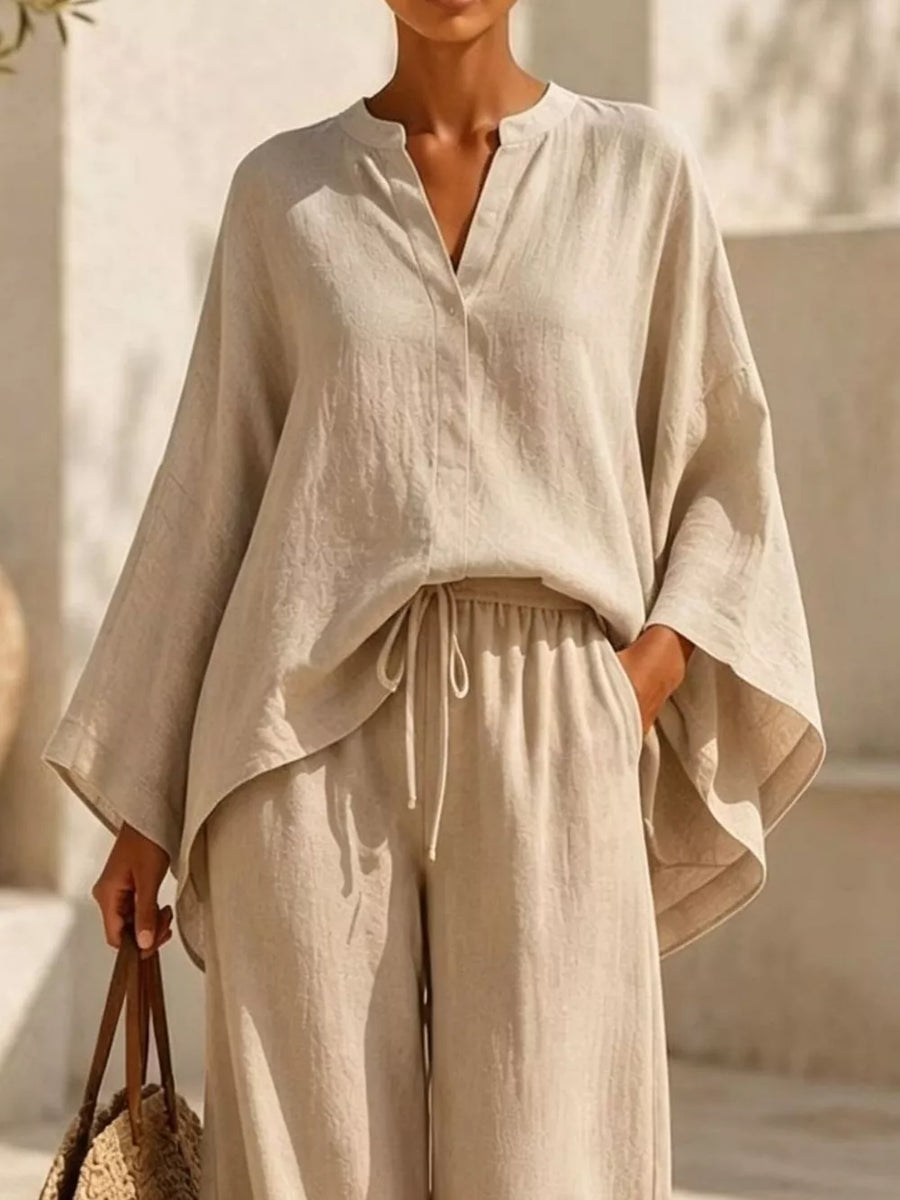 Light Blue Notched Long Sleeve Top And Wide-leg Pants Set