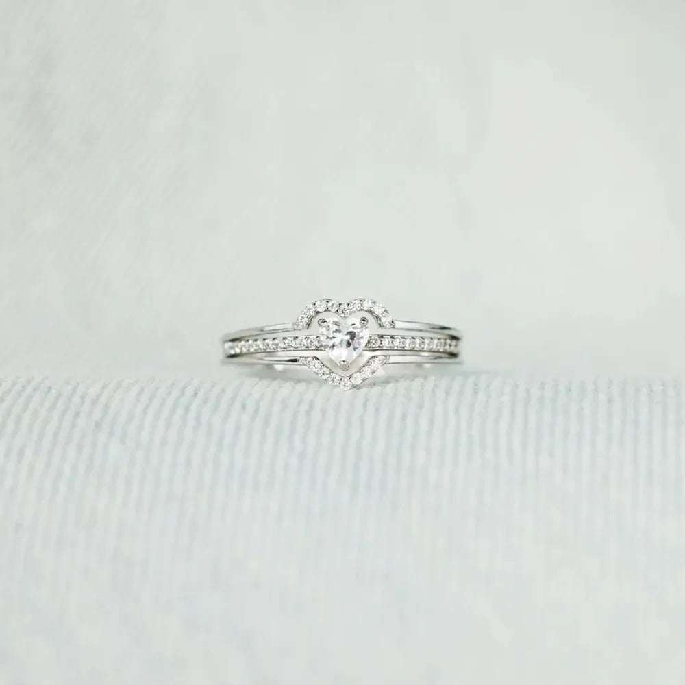 Silver double heart halo ring set with clear stones