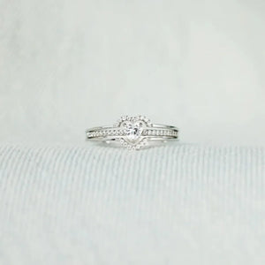 Silver double heart halo ring set with clear stones