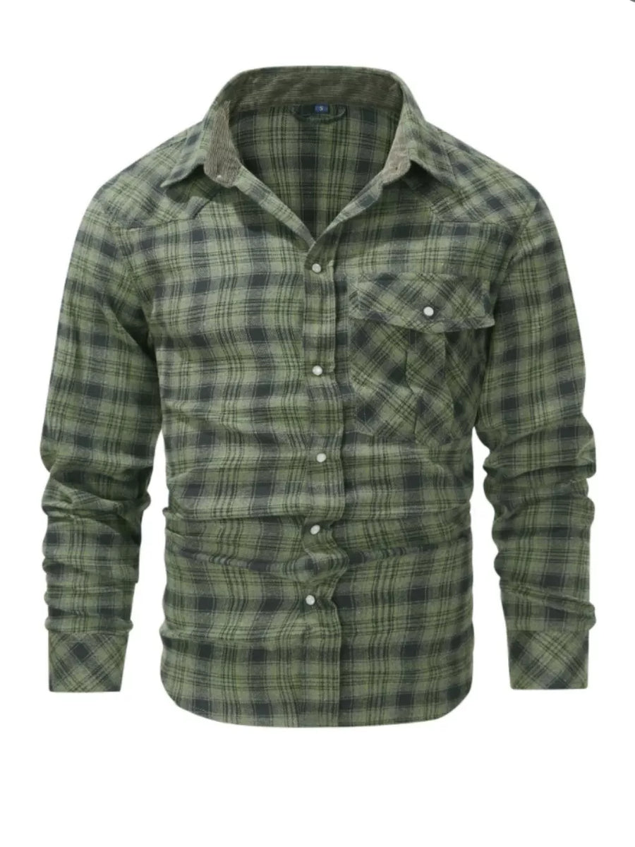 Green plaid cotton button-up shirt with chest pockets and corduroy collar detail.