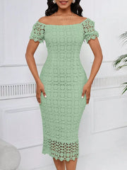 Light green lace midi dress with off-the-shoulder neckline and short puff sleeves.