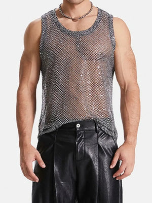 Silver metallic mesh tank top with a round neckline and sleeveless cut.