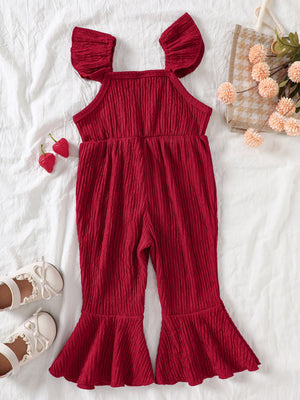 Burgundy baby jumpsuit with ruffle trim, bell bottoms, and flutter sleeves.