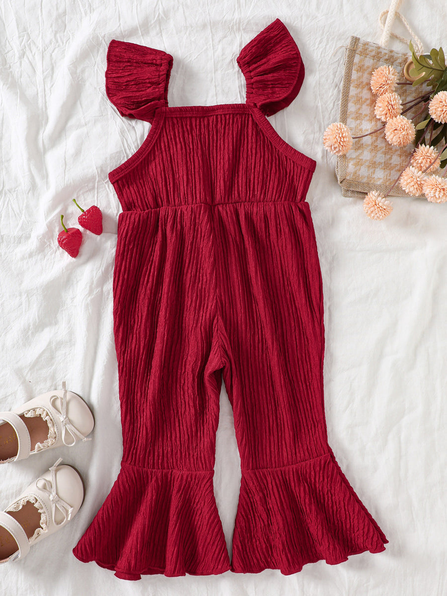 Burgundy baby jumpsuit with ruffle trim, bell bottoms, and flutter sleeves.