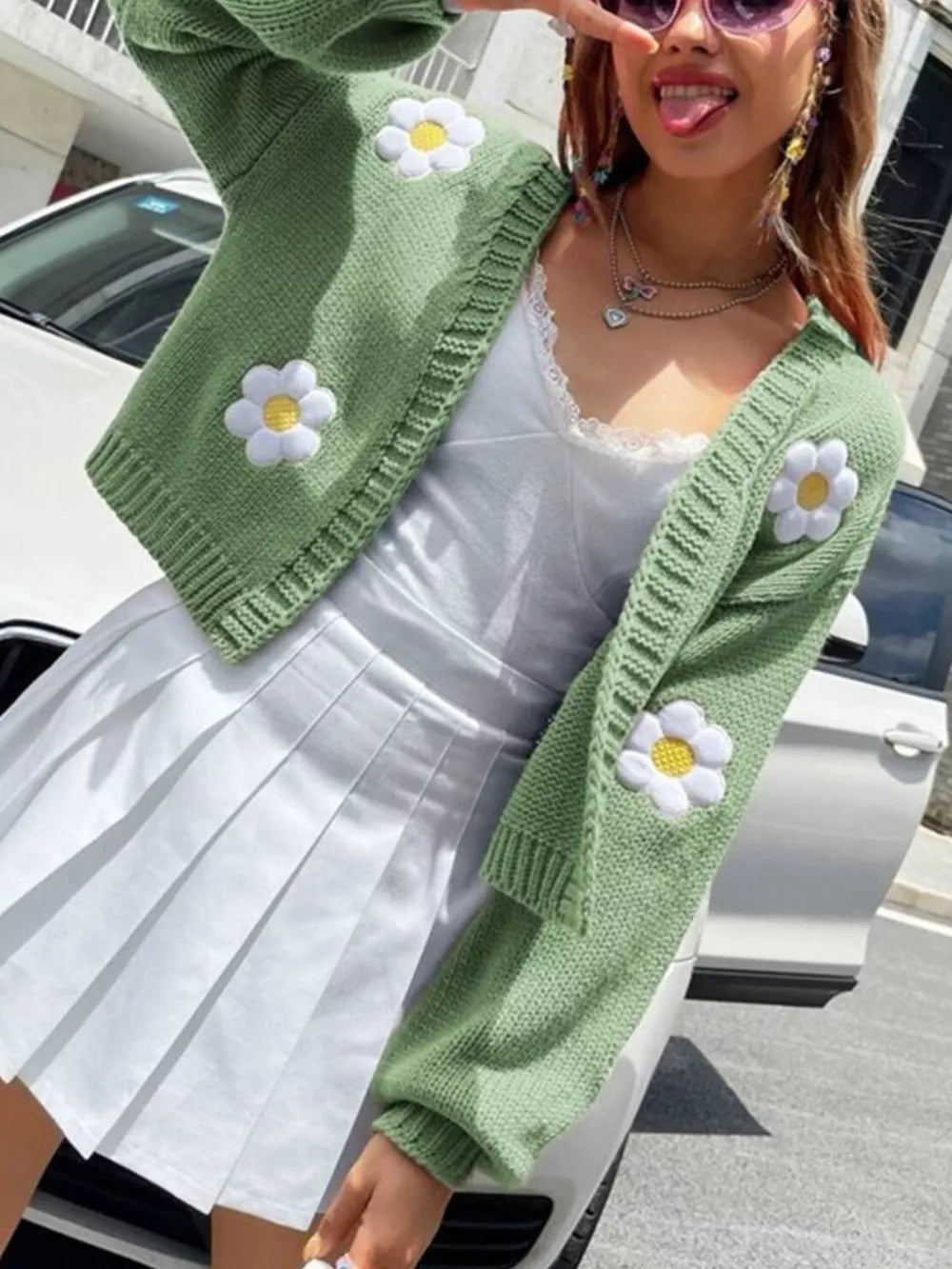Floral Open Front Knit Cardigan in Pink Purple