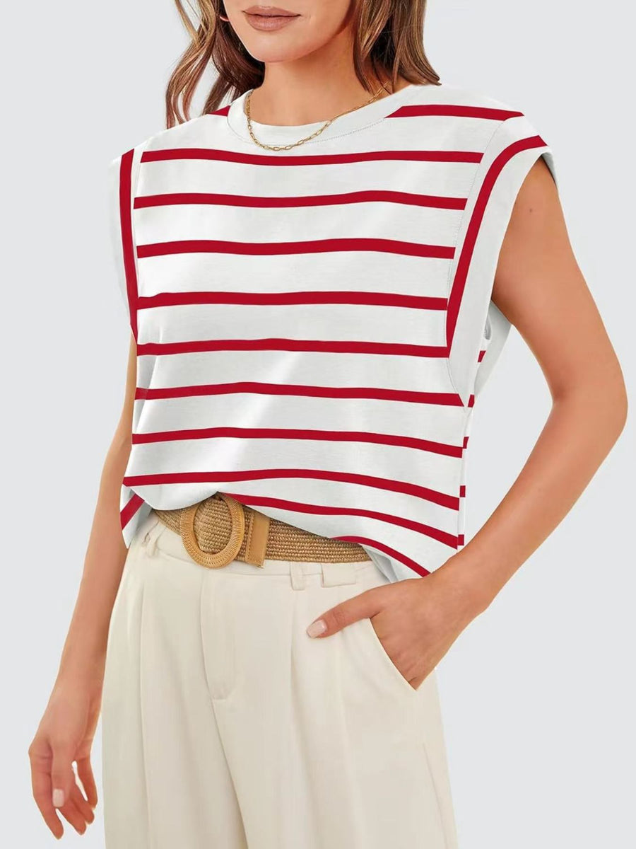 White and scarlet striped sleeveless tank top with crew neck and shoulder detail.