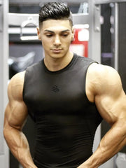 Black performance fit muscle tank top with subtle logo detail