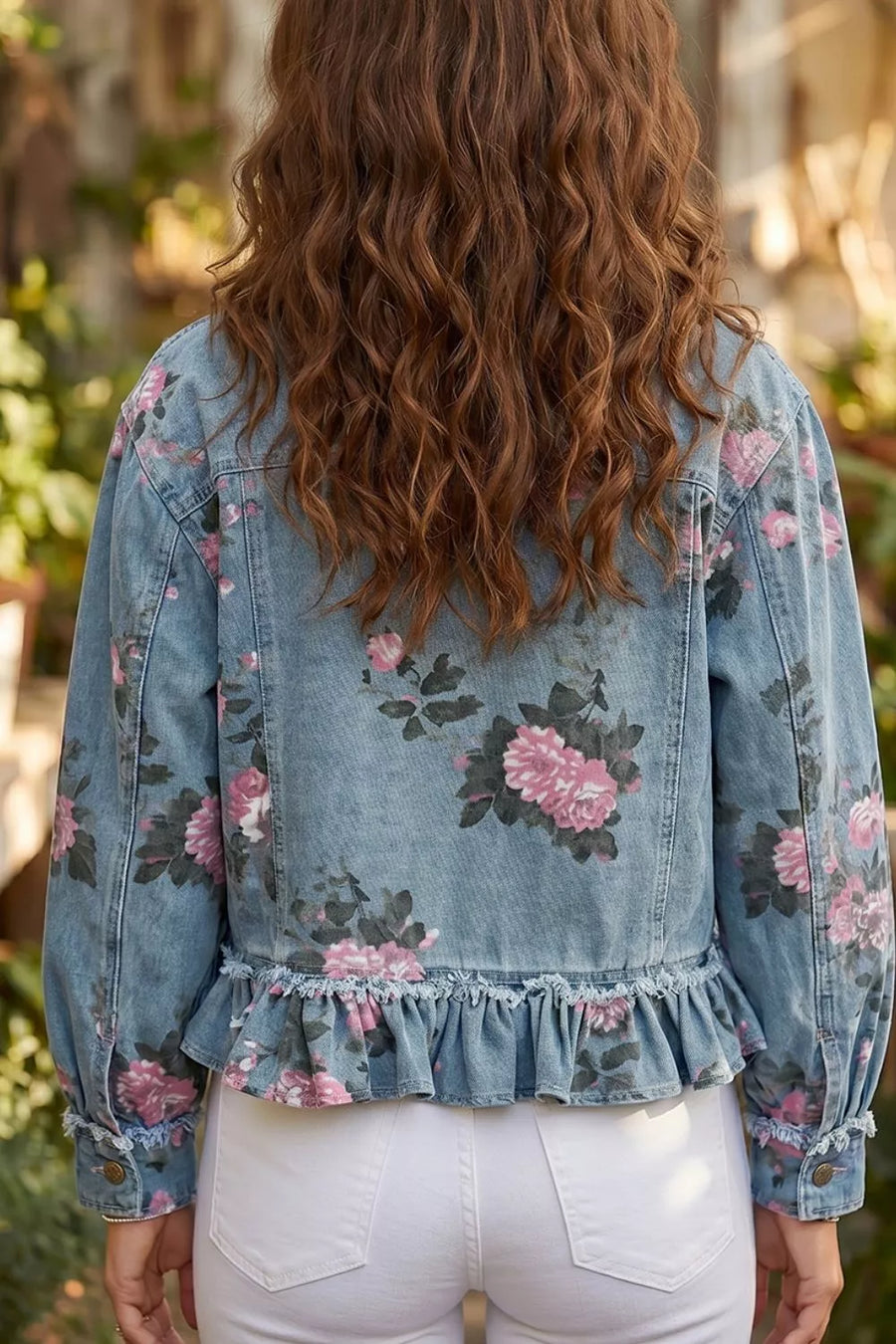 Floral Print Denim Jacket With Ruffled Hem option 6