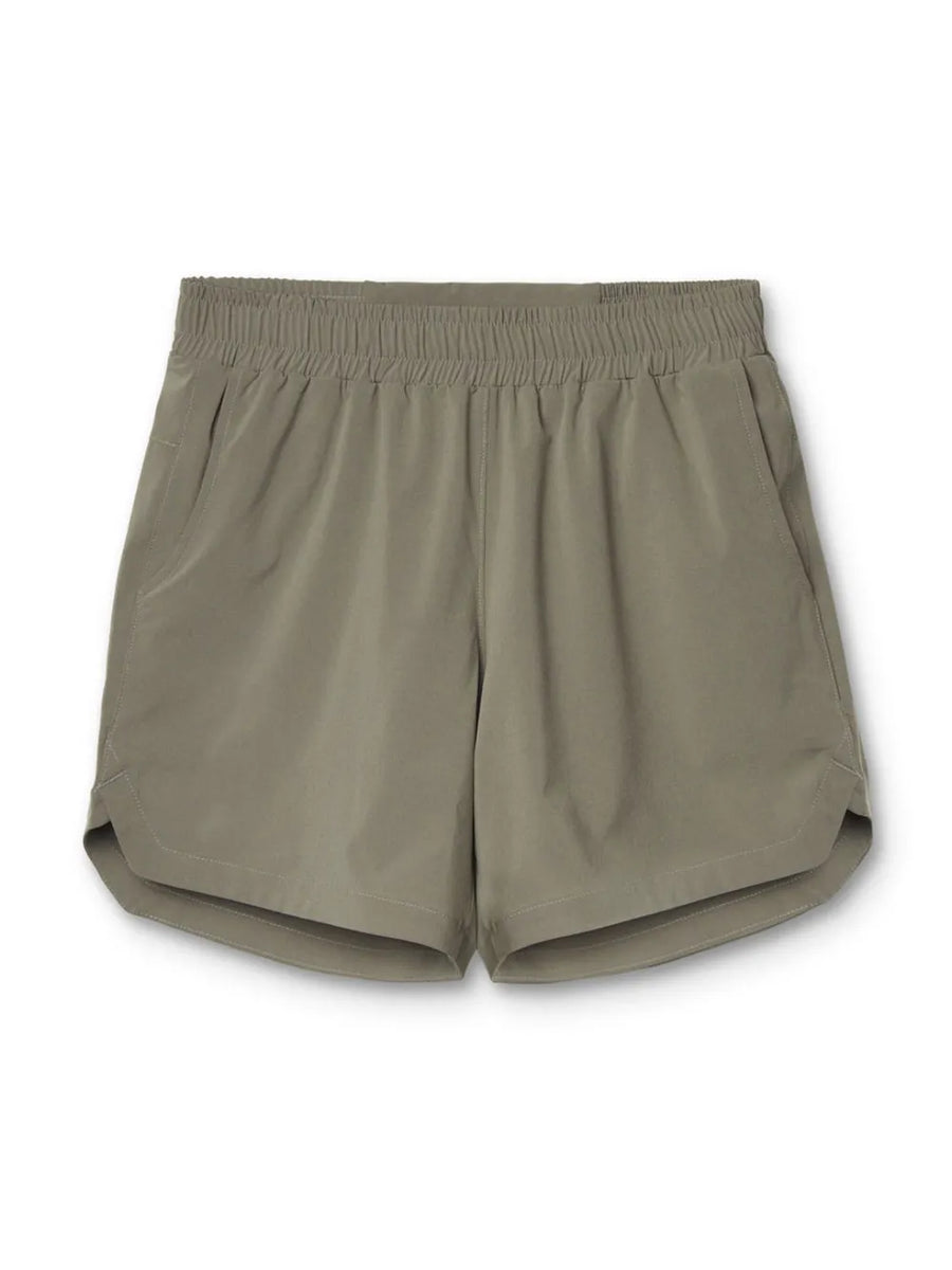 Sage performance drawstring running shorts with elastic waistband and side pockets.