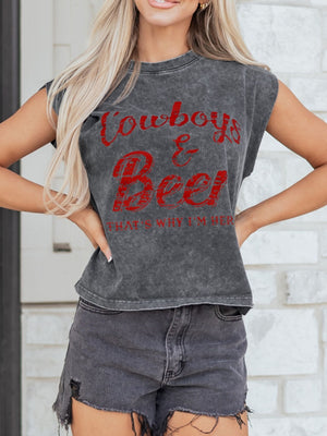 Acid-washed dark gray cotton tank top with red Cowboys & Beer graphic and raw hem.