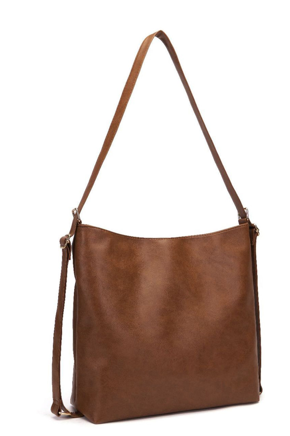 Earthy slouchy shoulder bag in chocolate brown faux leather with adjustable strap.