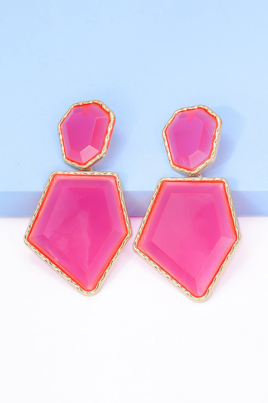 Hot pink resin facet drop earrings with gold trim