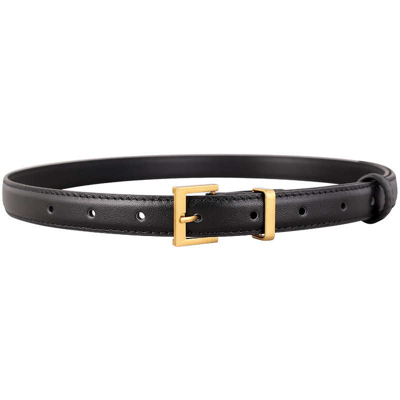 Black leather skinny belt with adjustable fit and golden buckle.