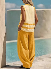 Yellow with Striped Sleeveless Top And Wide-leg Pants Set